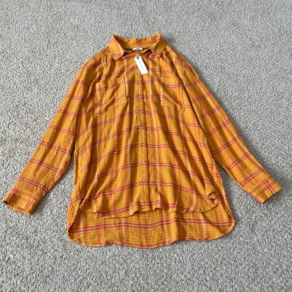 NEW Pilcro Women's Blouse Button Up Plaid Relaxed Coastal Beach L Orange